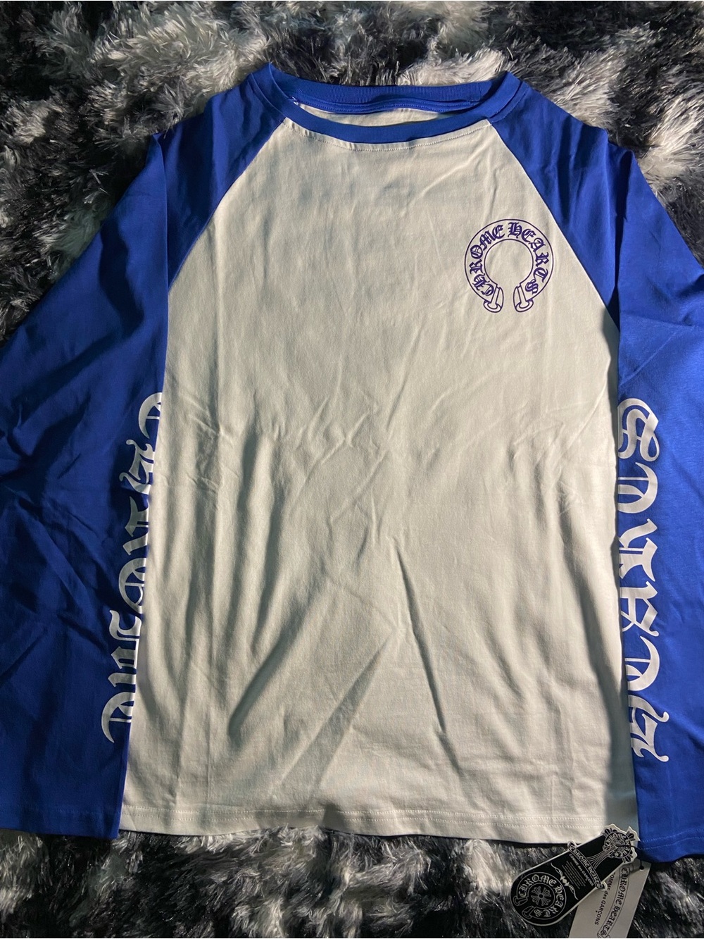 Chrome Hearts White and Royal Blue Raglan Long Sleeve Tee